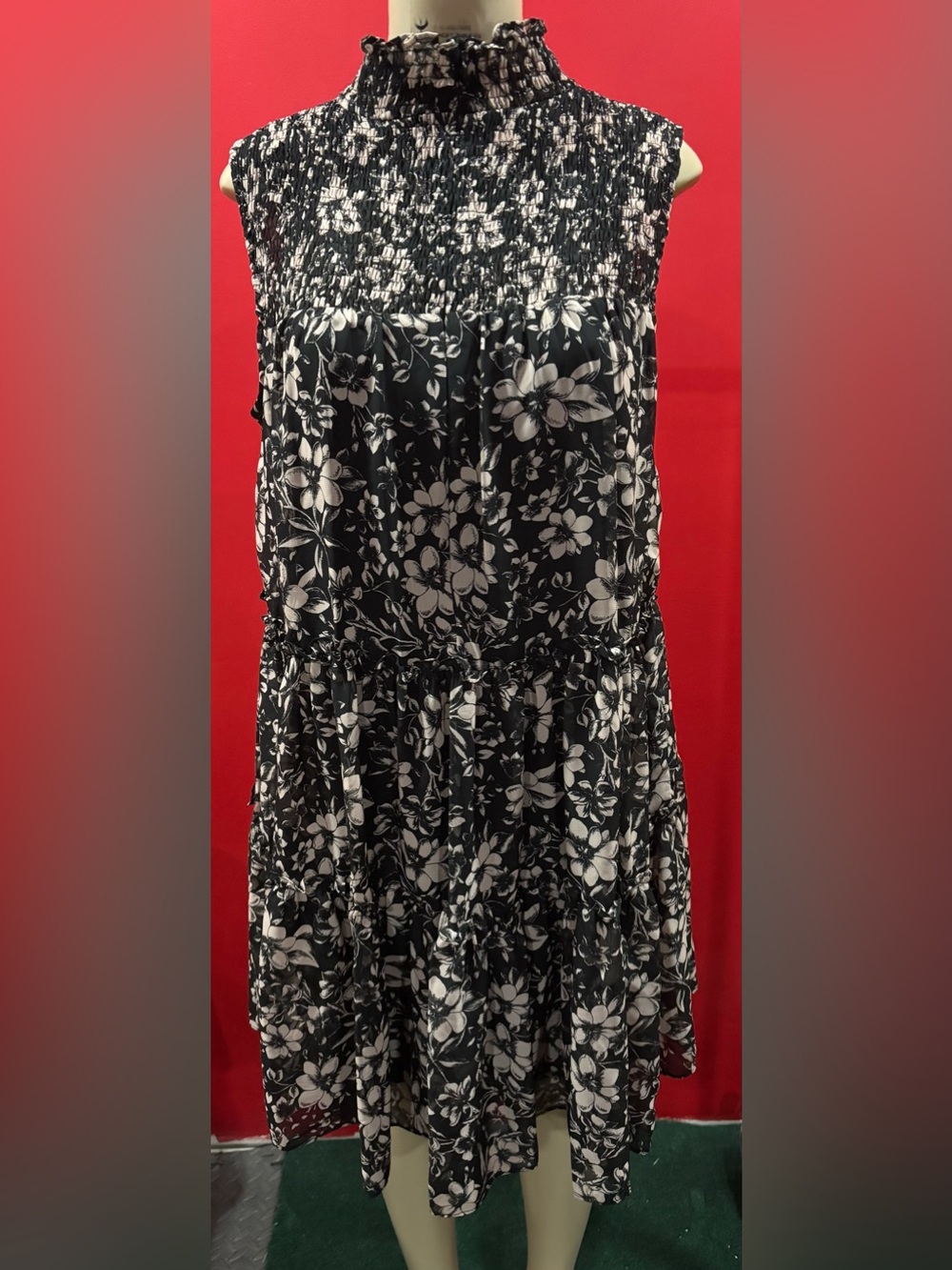 Taylor Black & White Floral Smocked High-Neck Mini Dress